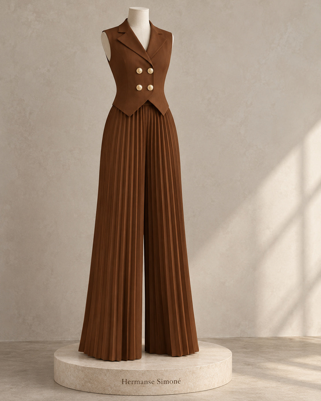 Aurelia Pleated Pants Set in Brown — waistcoat and pleated trousers on a branded dress form