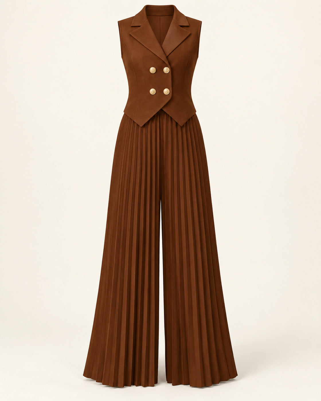Aurelia Pleated Pants Set in Brown — standalone waistcoat and pleated trousers