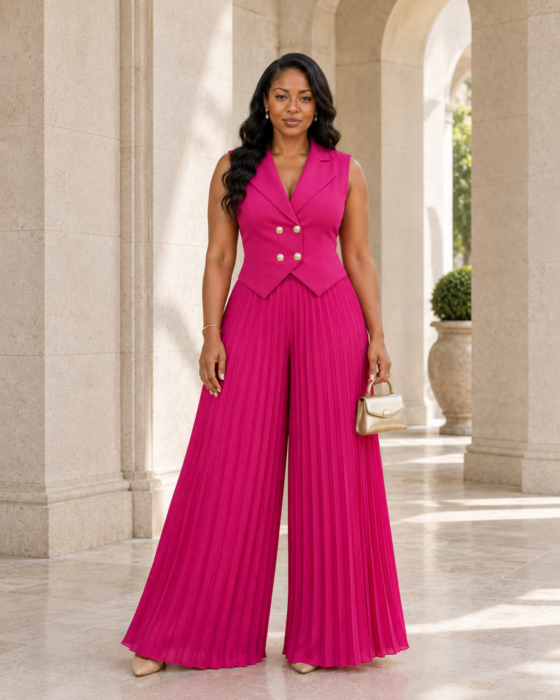 Aurelia Pleated Pants Set - Fuchsia - Model 5 - Front styled look