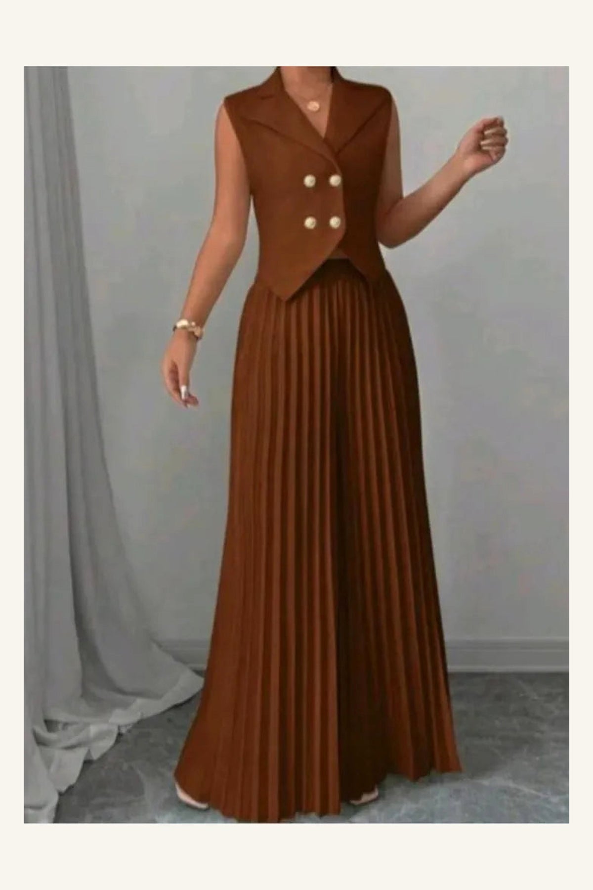 Aurelia Pleated Pants Set — Brown variant view