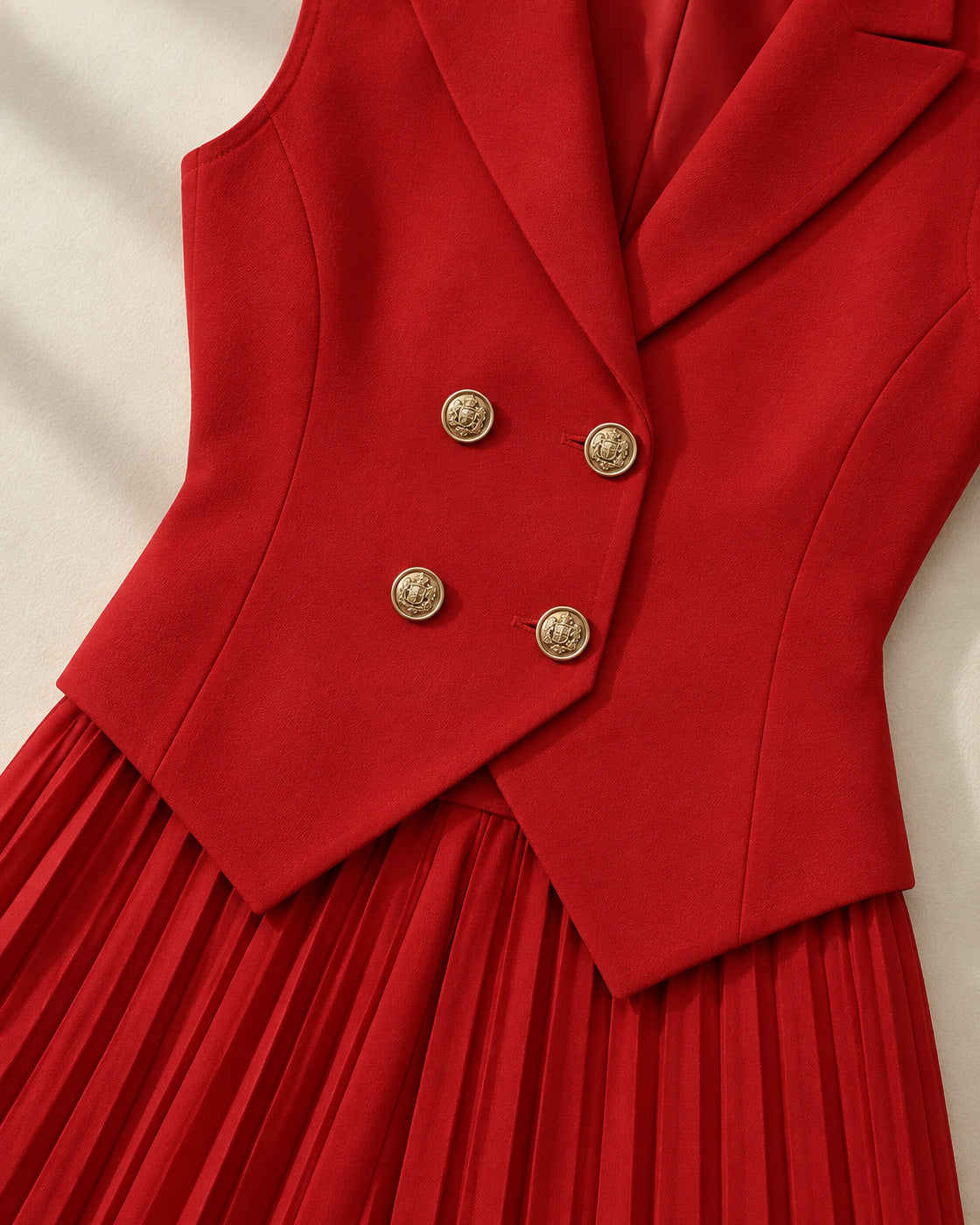 Aurelia Pleated Pants Set in Red — waistcoat or pleated trouser construction detail