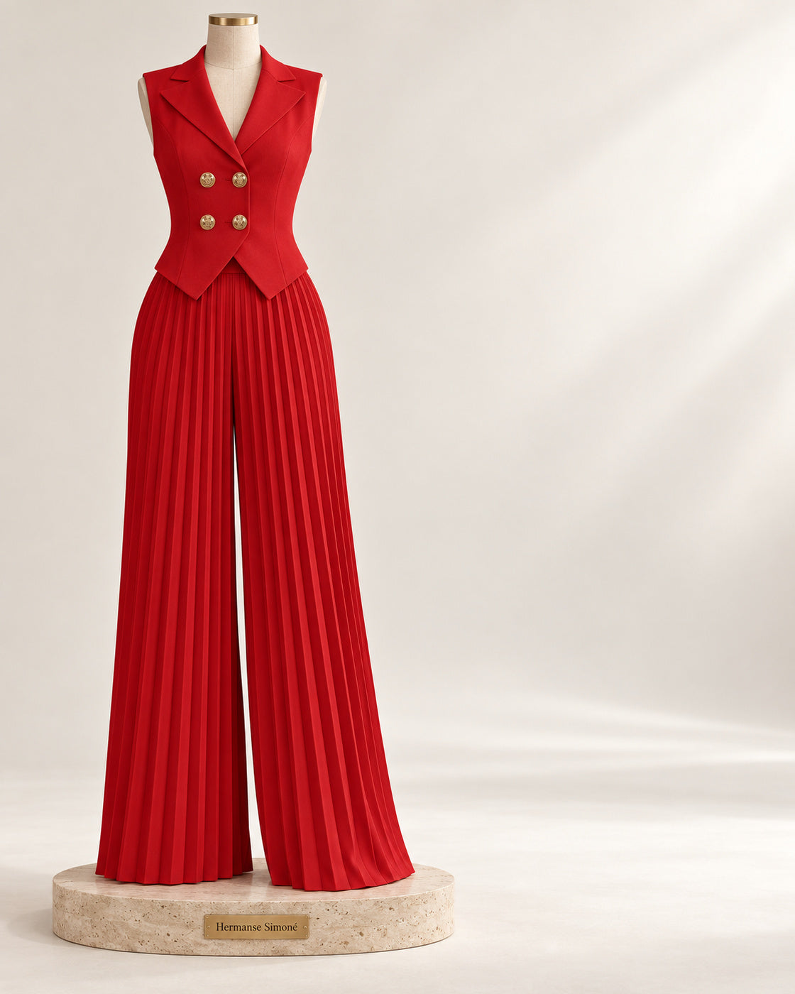 Aurelia Pleated Pants Set in Red — front view on a branded display form