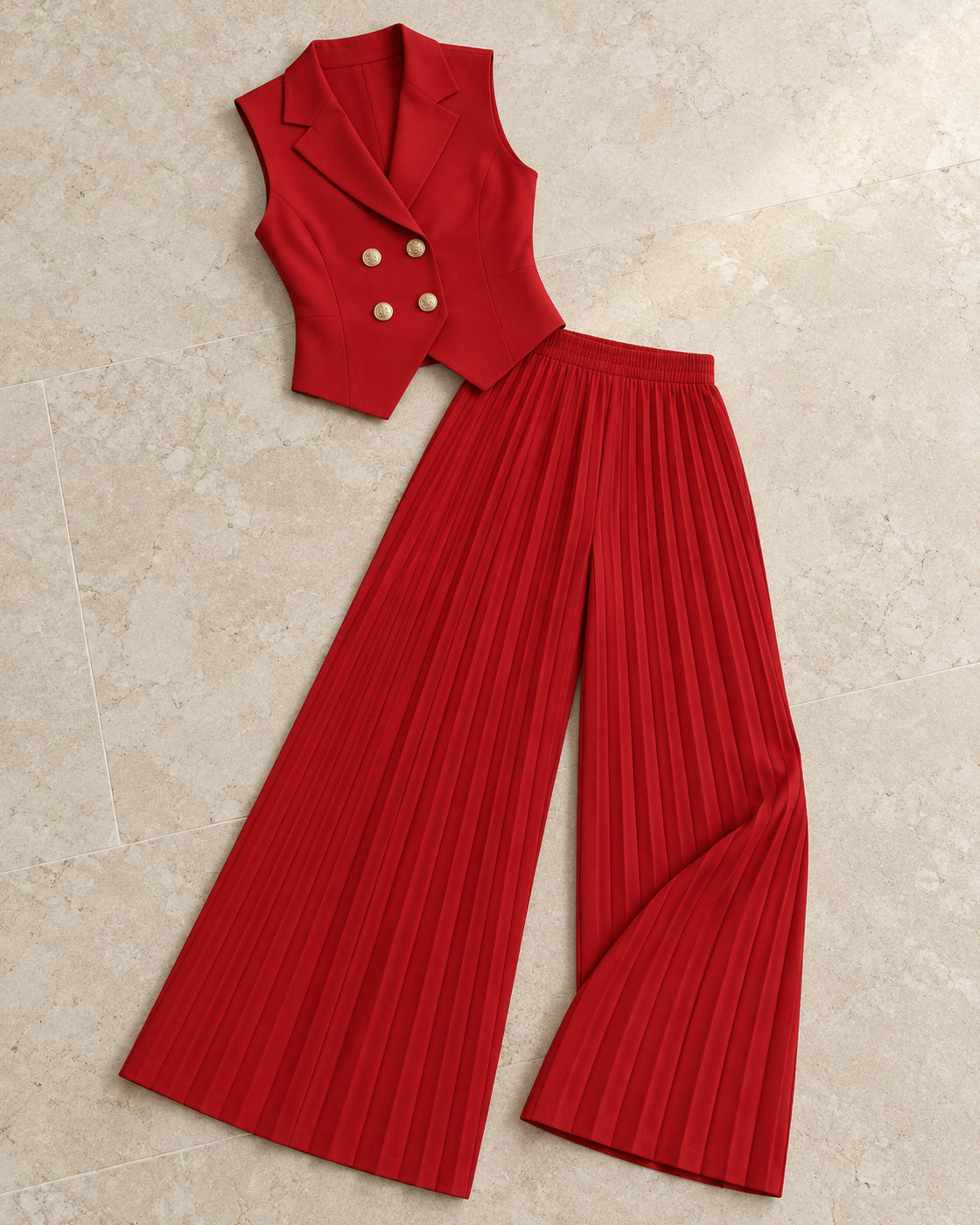 Aurelia Pleated Pants Set in Red — standalone waistcoat and pleated trousers