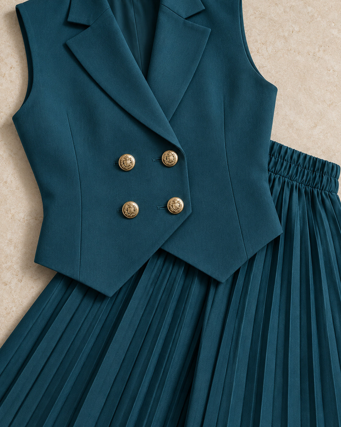 Aurelia Pleated Pants Set in Teal — gold crest buttons and pleated fabric detail
