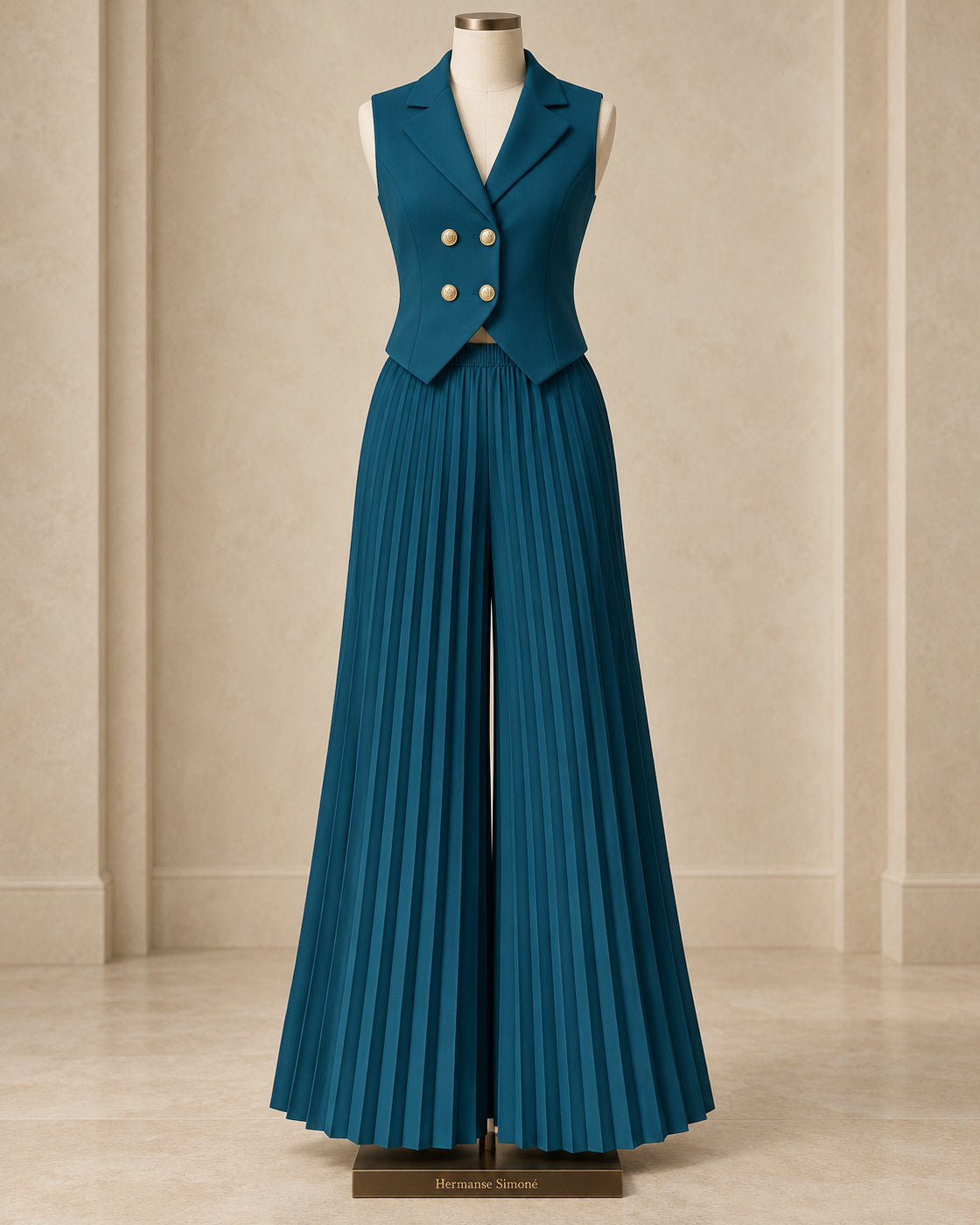 Aurelia Pleated Pants Set in Teal — waistcoat and pleated trousers on a branded dress form