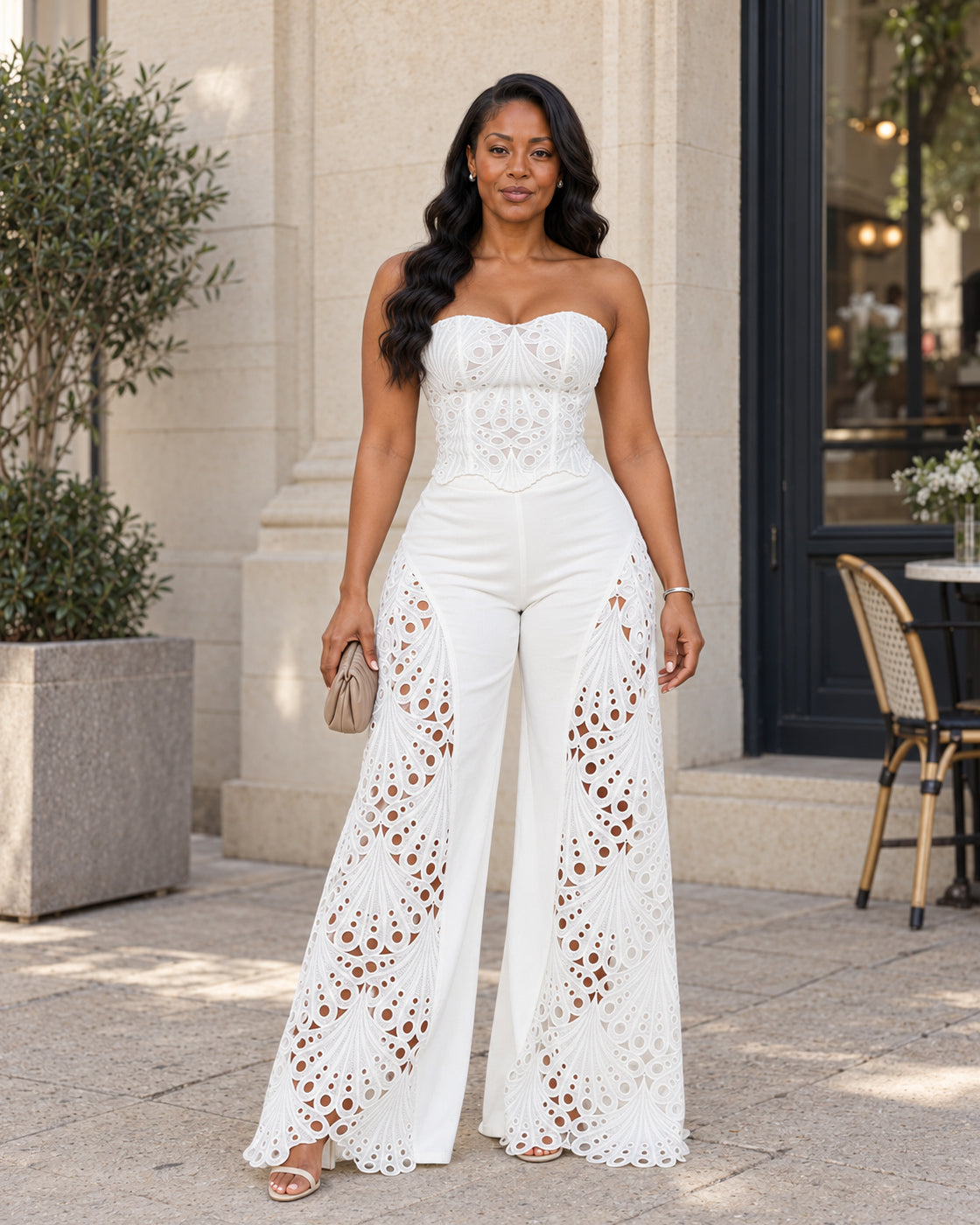 Avenza Lace Pants Set in White — Model 5, front view