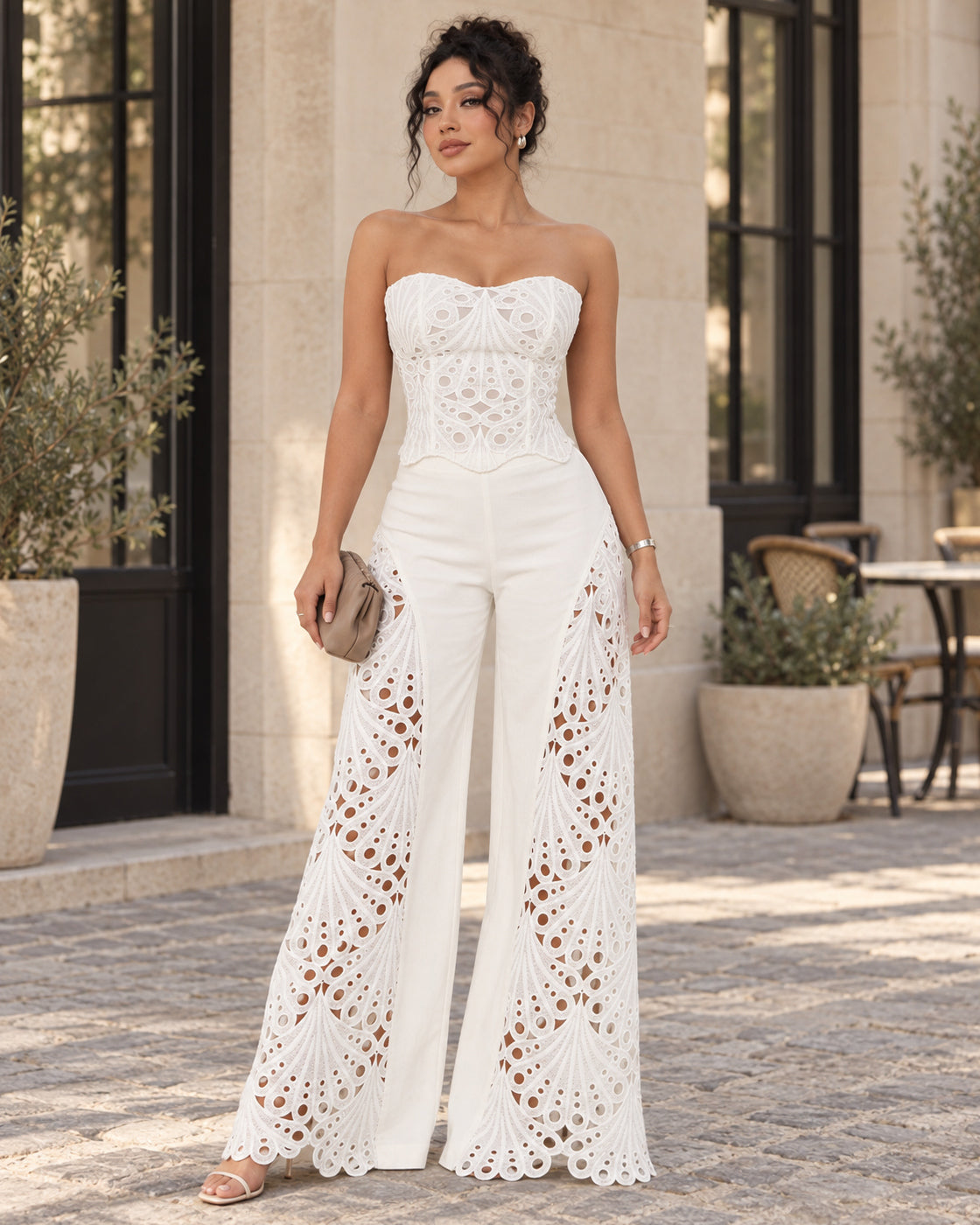 Avenza Lace Pants Set in White — Model 9, front view