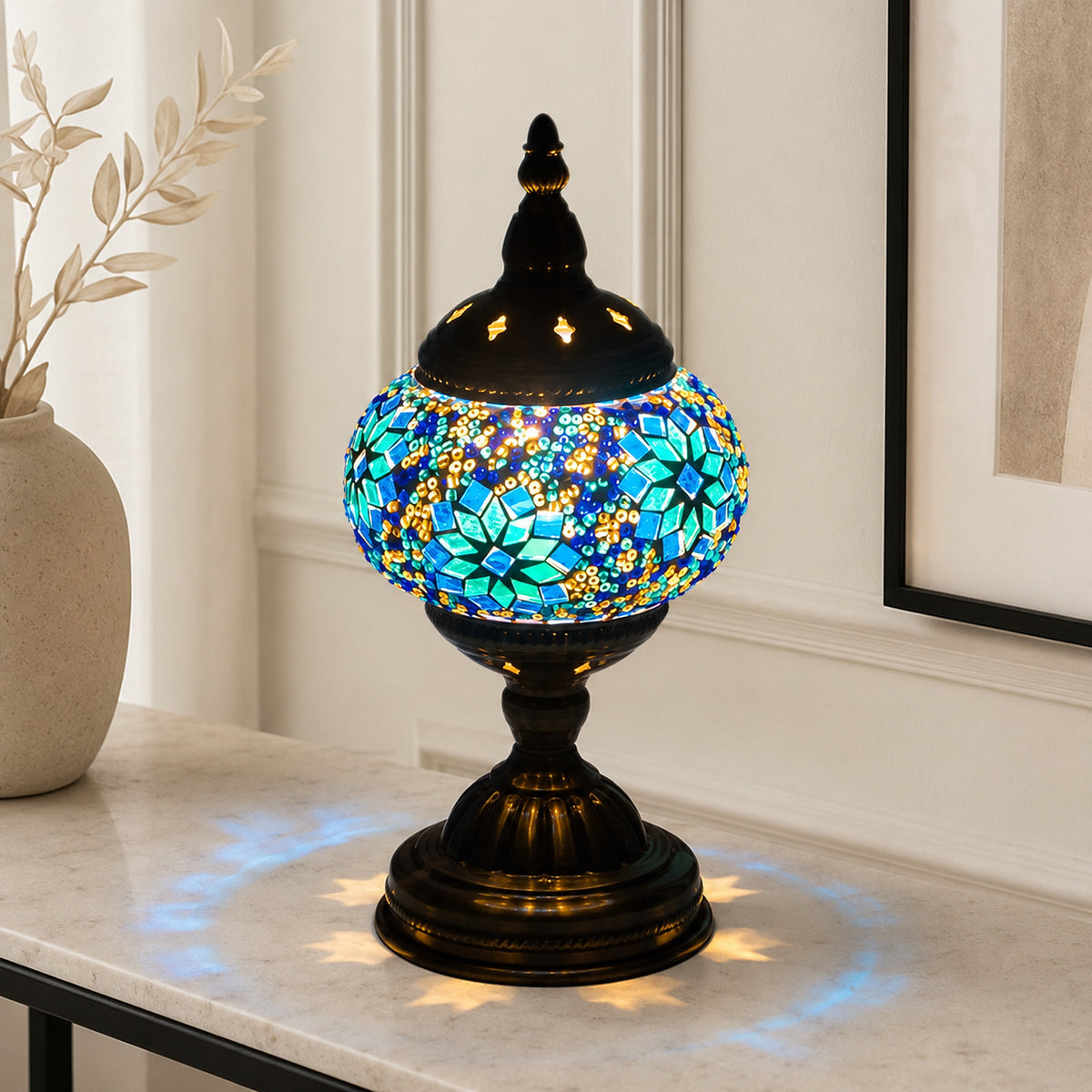 Azura Mosaic Lamp on a light console table