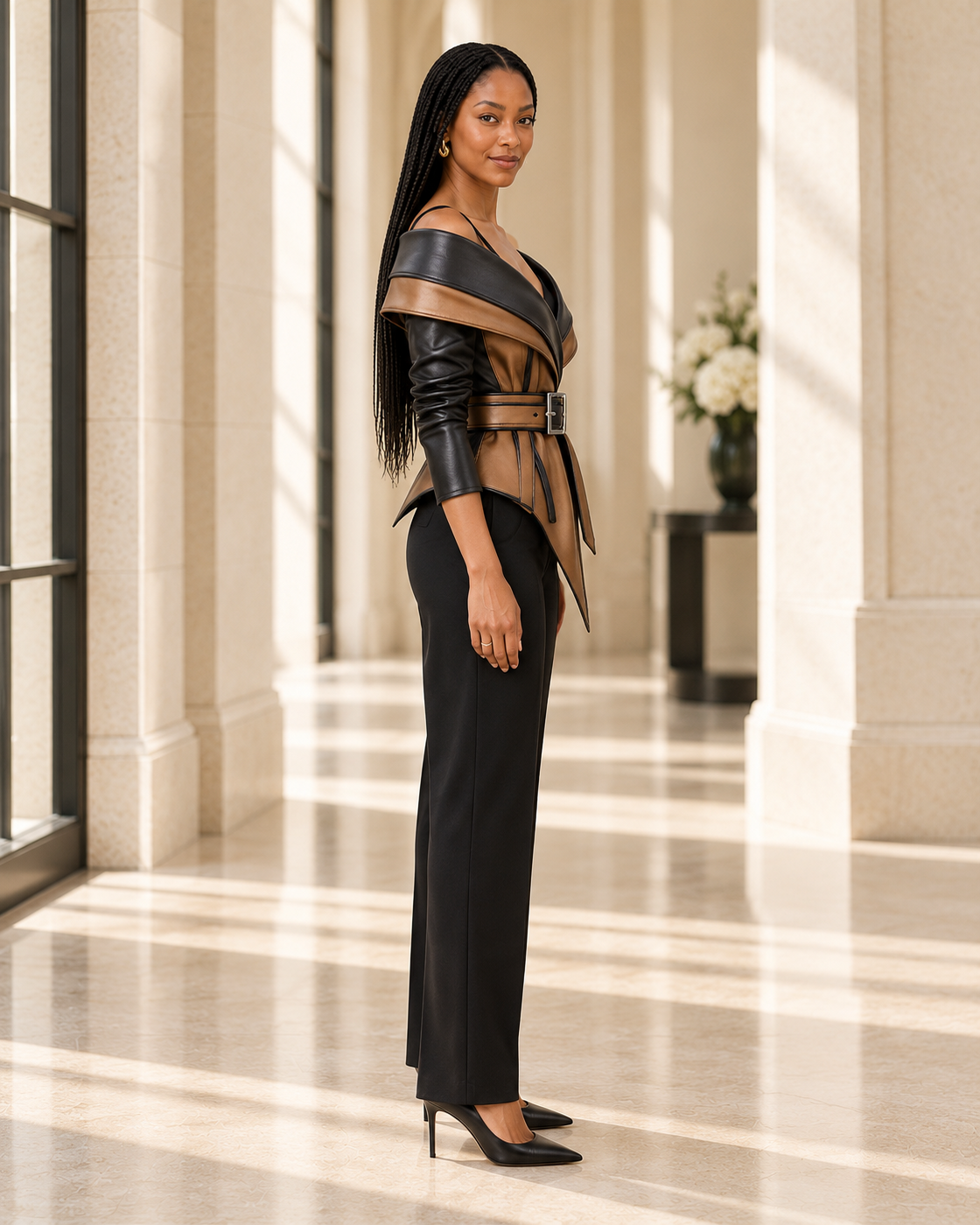Belted Muse Leather Jacket in Black and Bronze — Model 1 side view