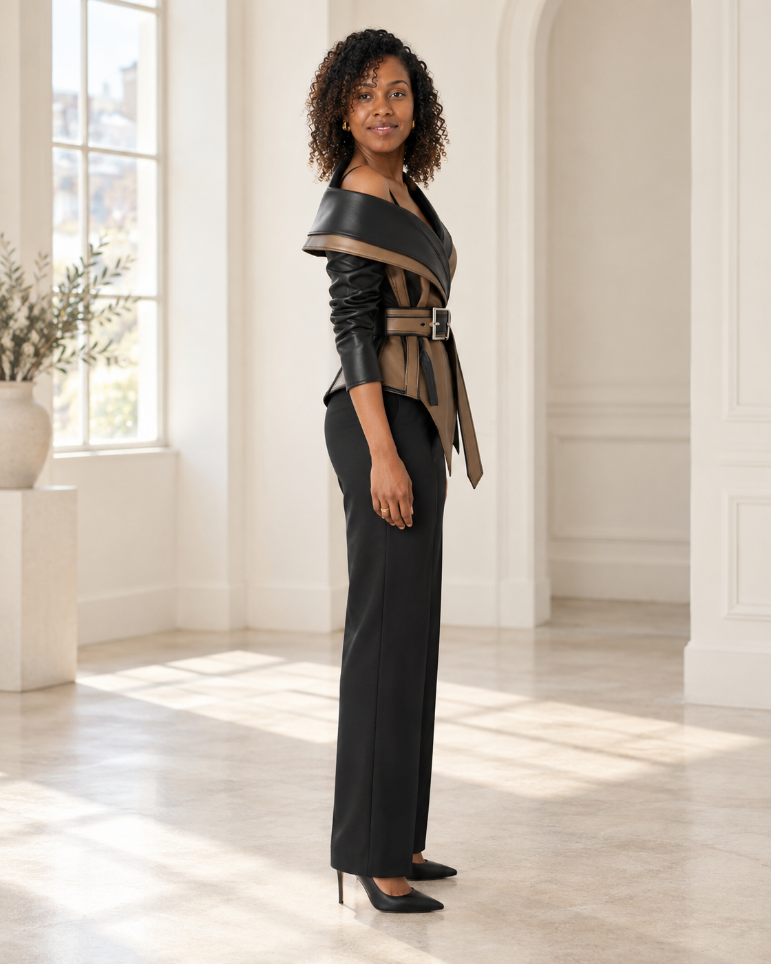 Belted Muse Leather Jacket in Black and Bronze — Model 7 side view
