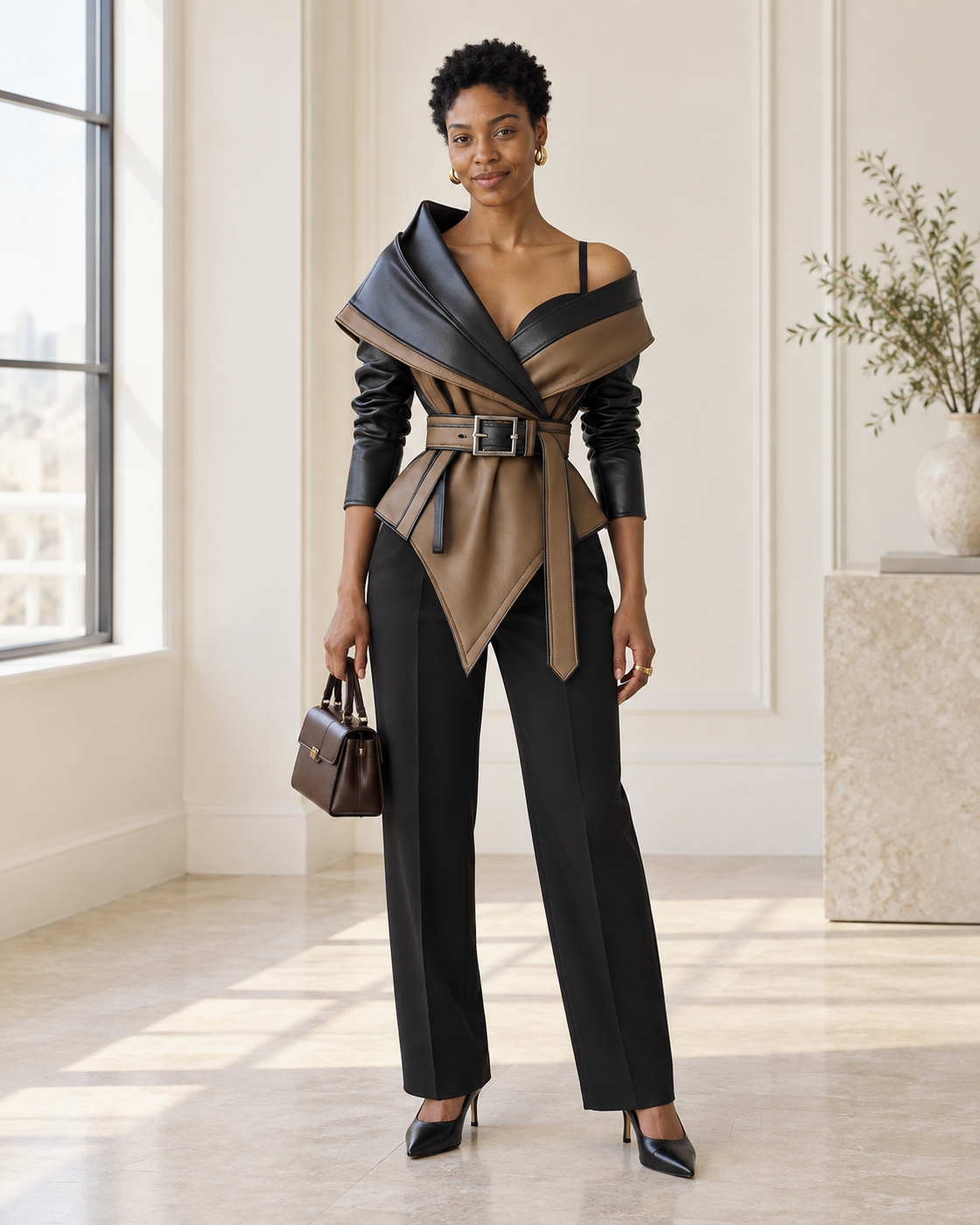 Belted Muse Leather Jacket in Black and Bronze — Model 8 front view
