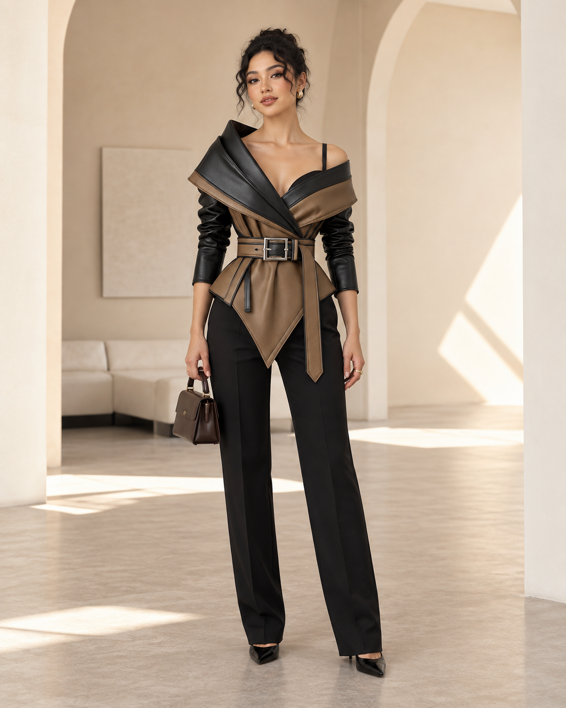 Belted Muse Leather Jacket in Black and Bronze — Model 9 front view