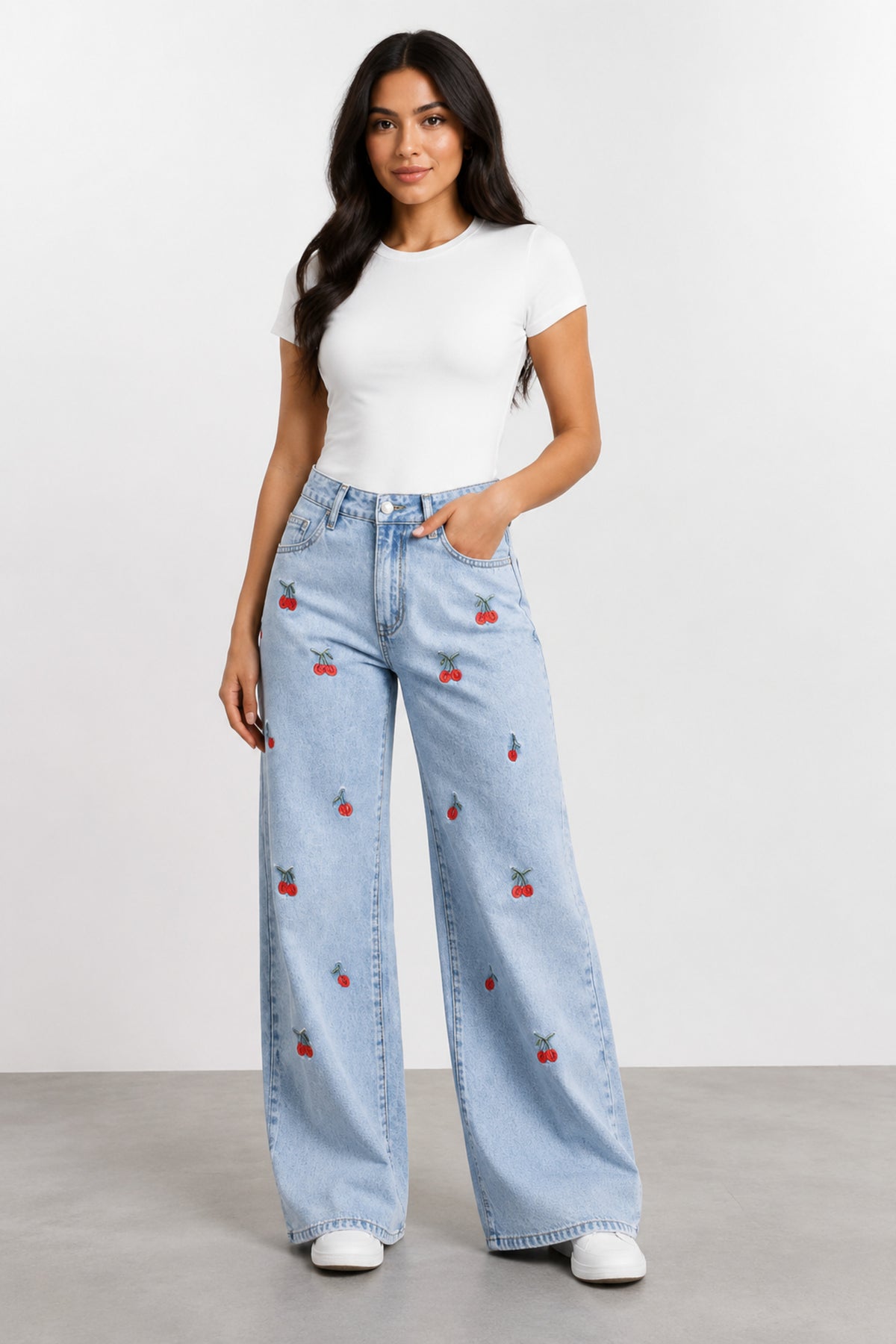Light wash embroidered wide-leg jeans