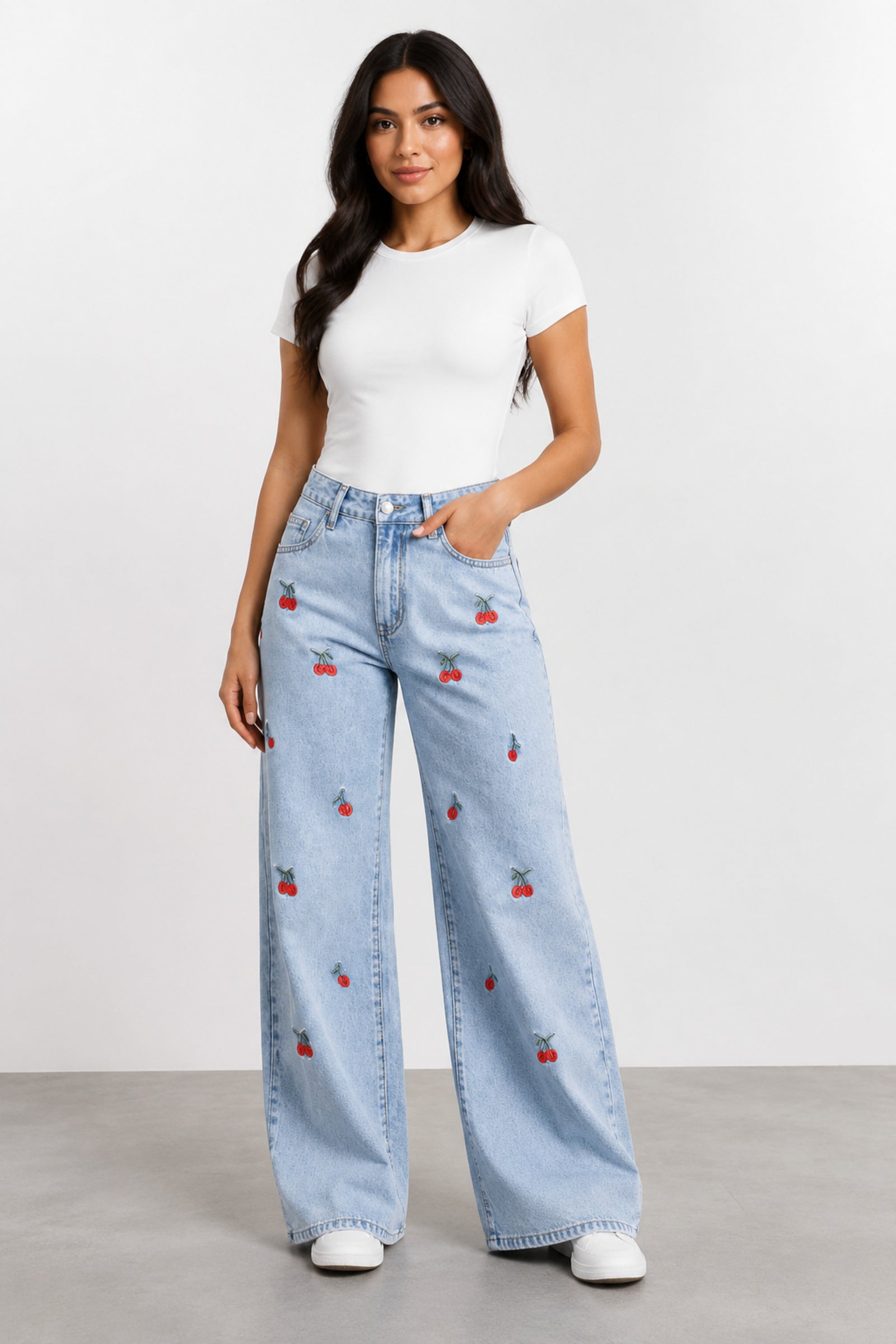 Light wash embroidered wide-leg jeans