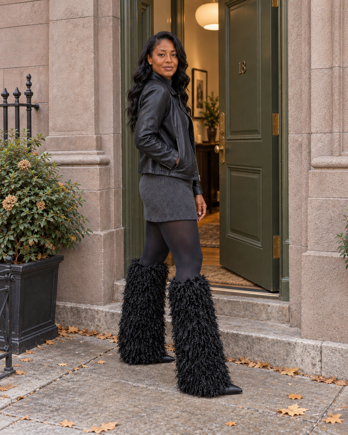 Borelle Shag Boots in Black — doorway moment