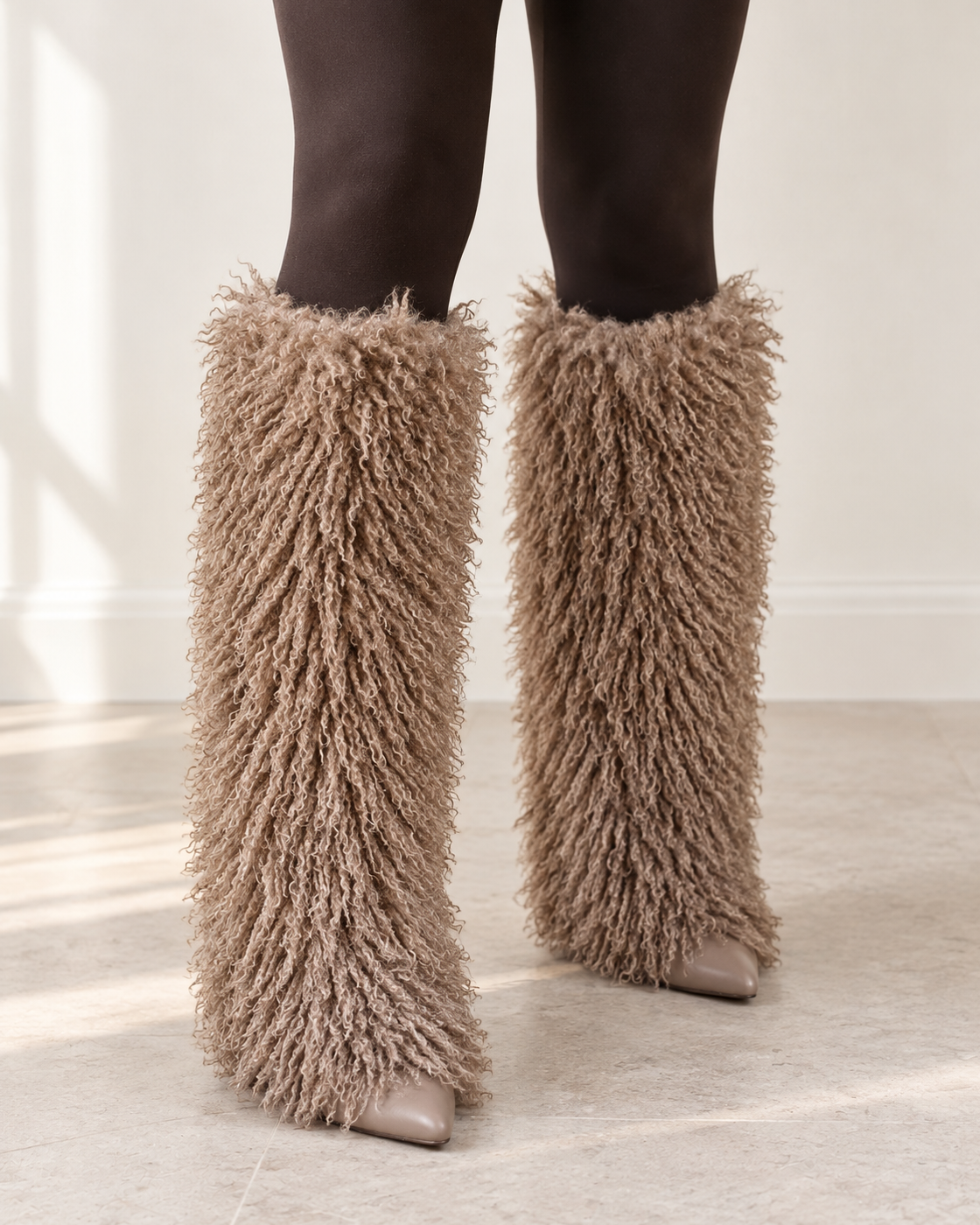 Borelle Shag Boots in Taupe — front on foot