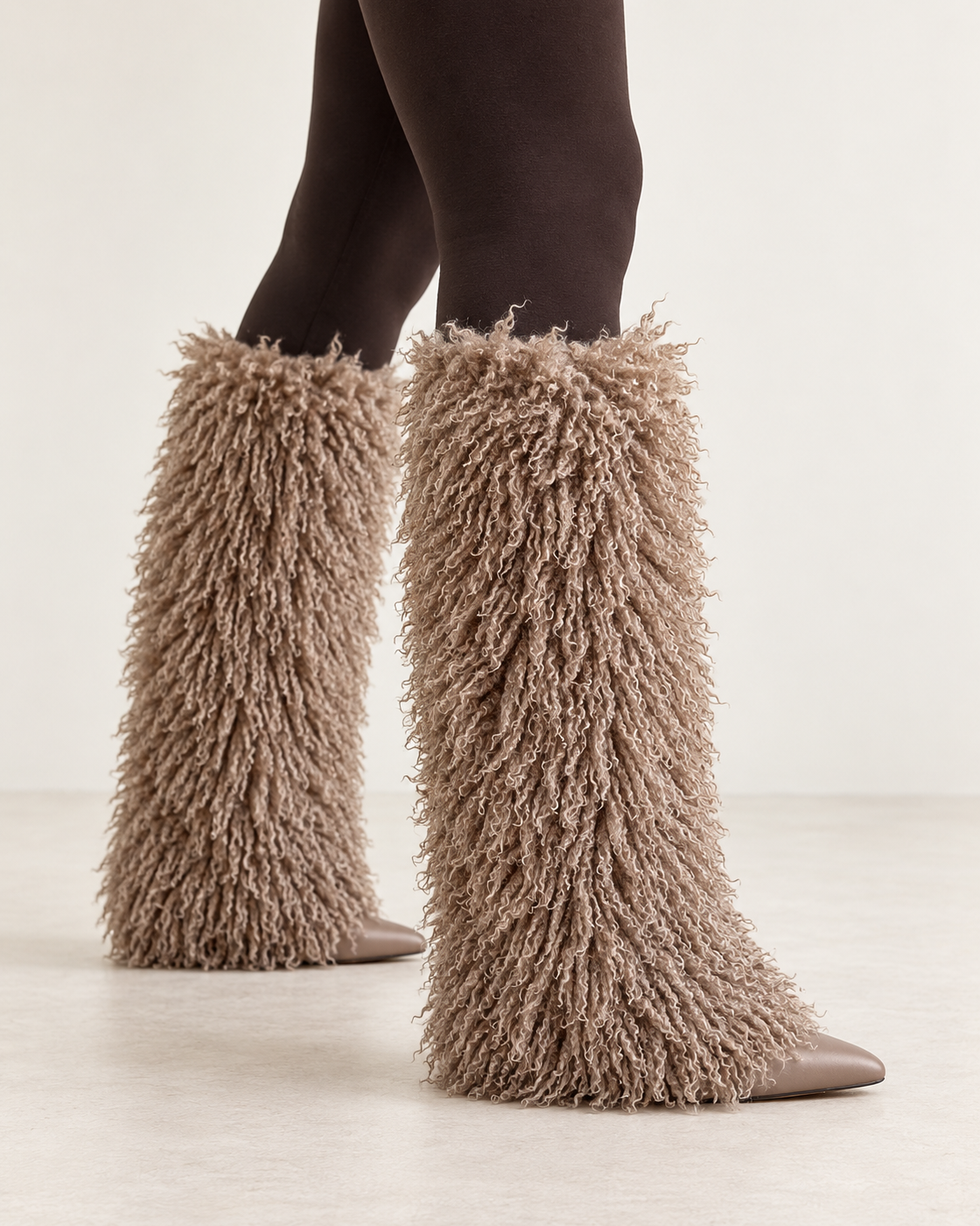 Borelle Shag Boots in Taupe — true side on foot
