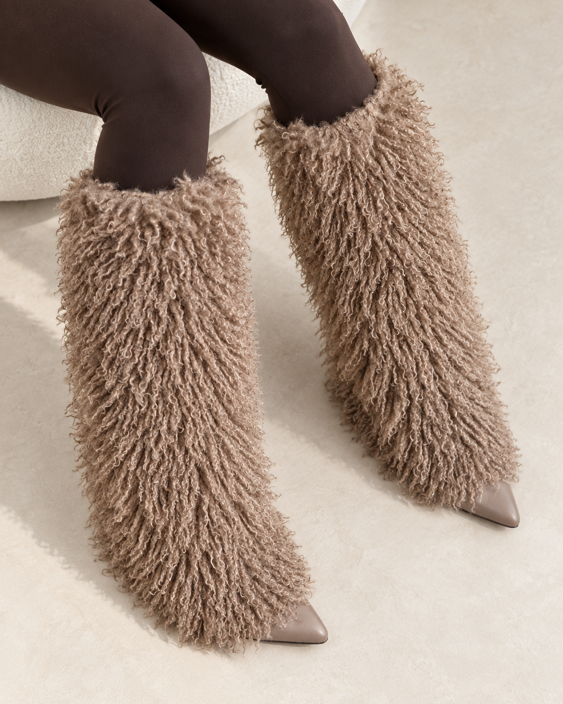 Borelle Shag Boots in Taupe — overhead on foot