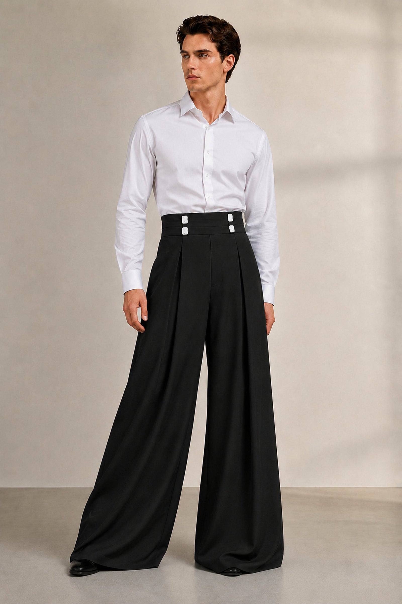 Caelum High-Waist Wide-Leg Trousers in Black, side-weight-shift front view