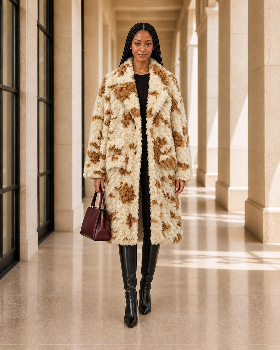 Cavelle Curly Coat in cream and caramel — approved Model 1 front view