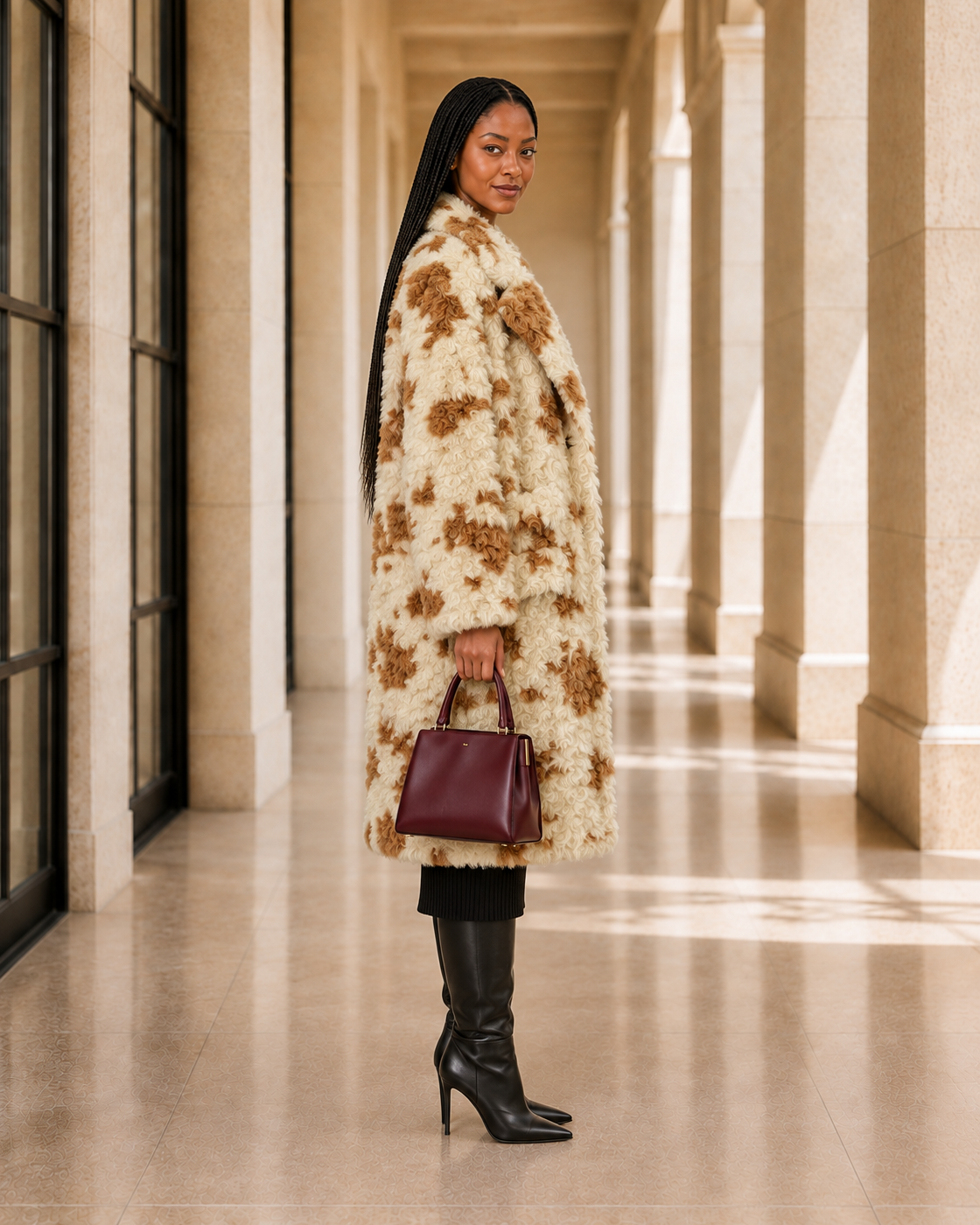 Cavelle Curly Coat in cream and caramel — approved Model 1 side view