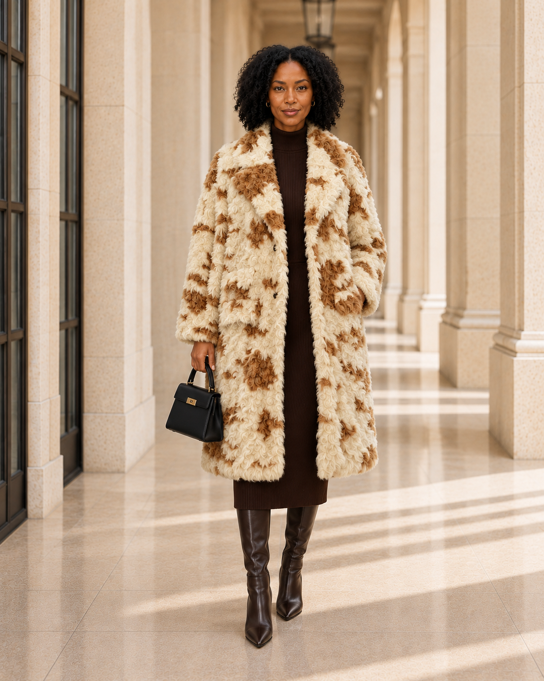 Cavelle Curly Coat in cream and caramel — approved Model 2 front view