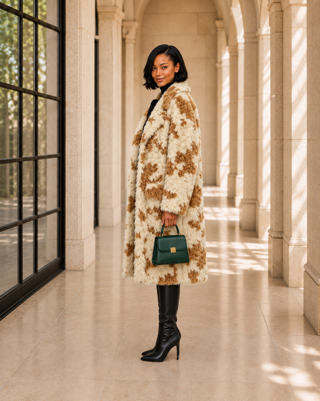 Cavelle Curly Coat in cream and caramel — approved Model 3 side view