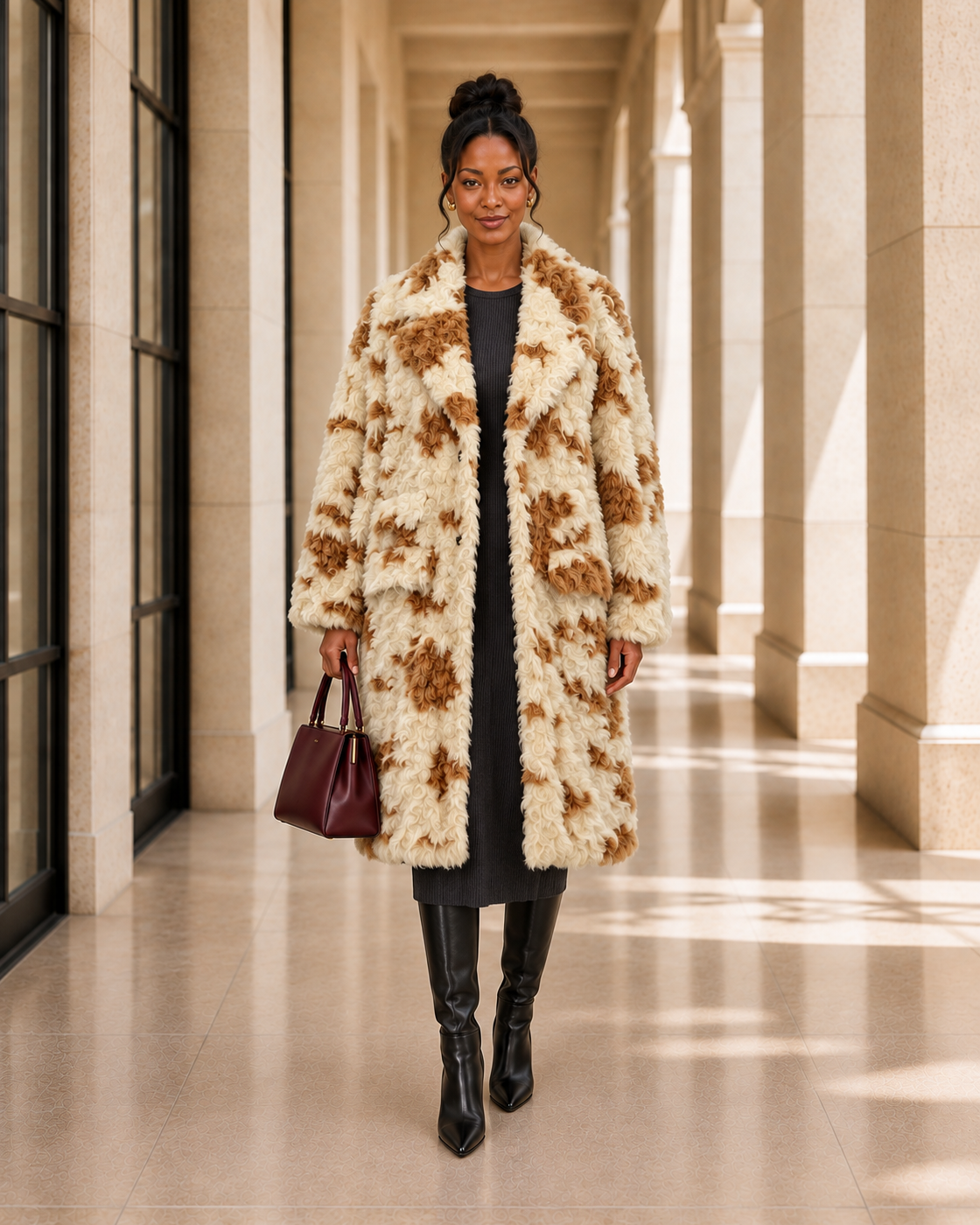 Cavelle Curly Coat in cream and caramel — approved Model 4 front view
