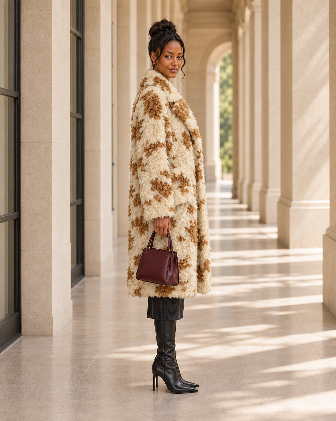Cavelle Curly Coat in cream and caramel — approved Model 4 side view