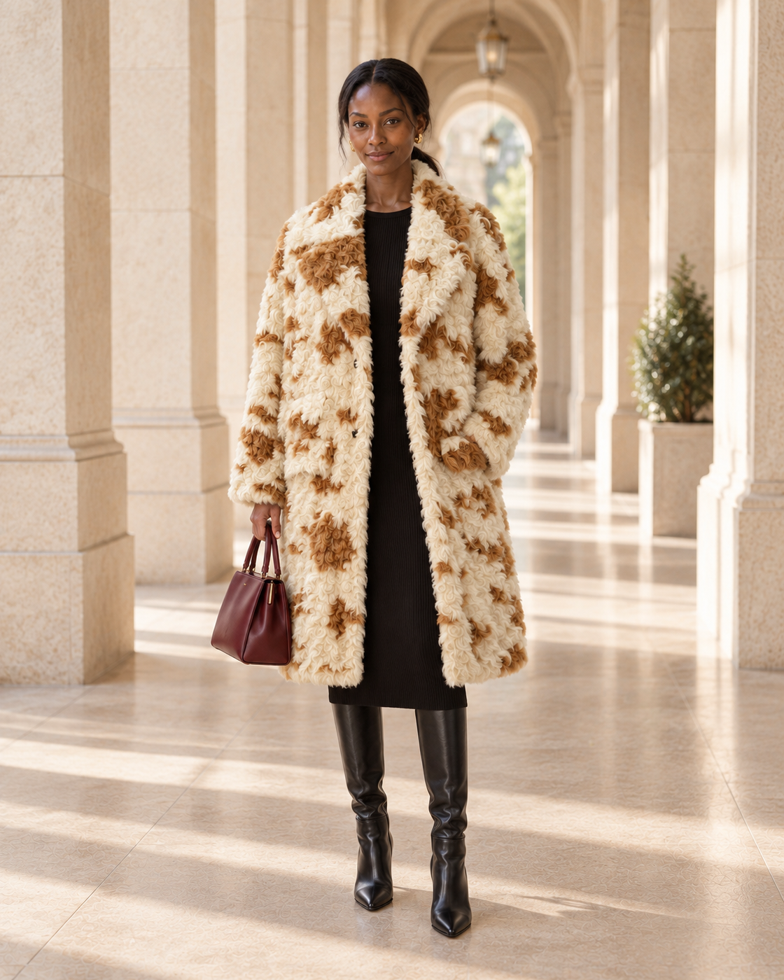 Cavelle Curly Coat in cream and caramel — approved Model 6 front view