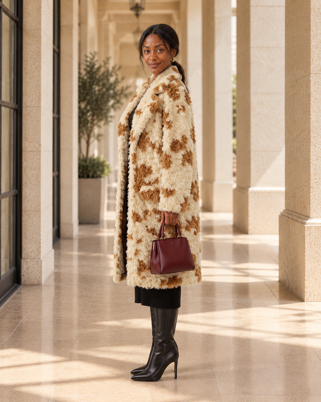 Cavelle Curly Coat in cream and caramel — approved Model 6 side view