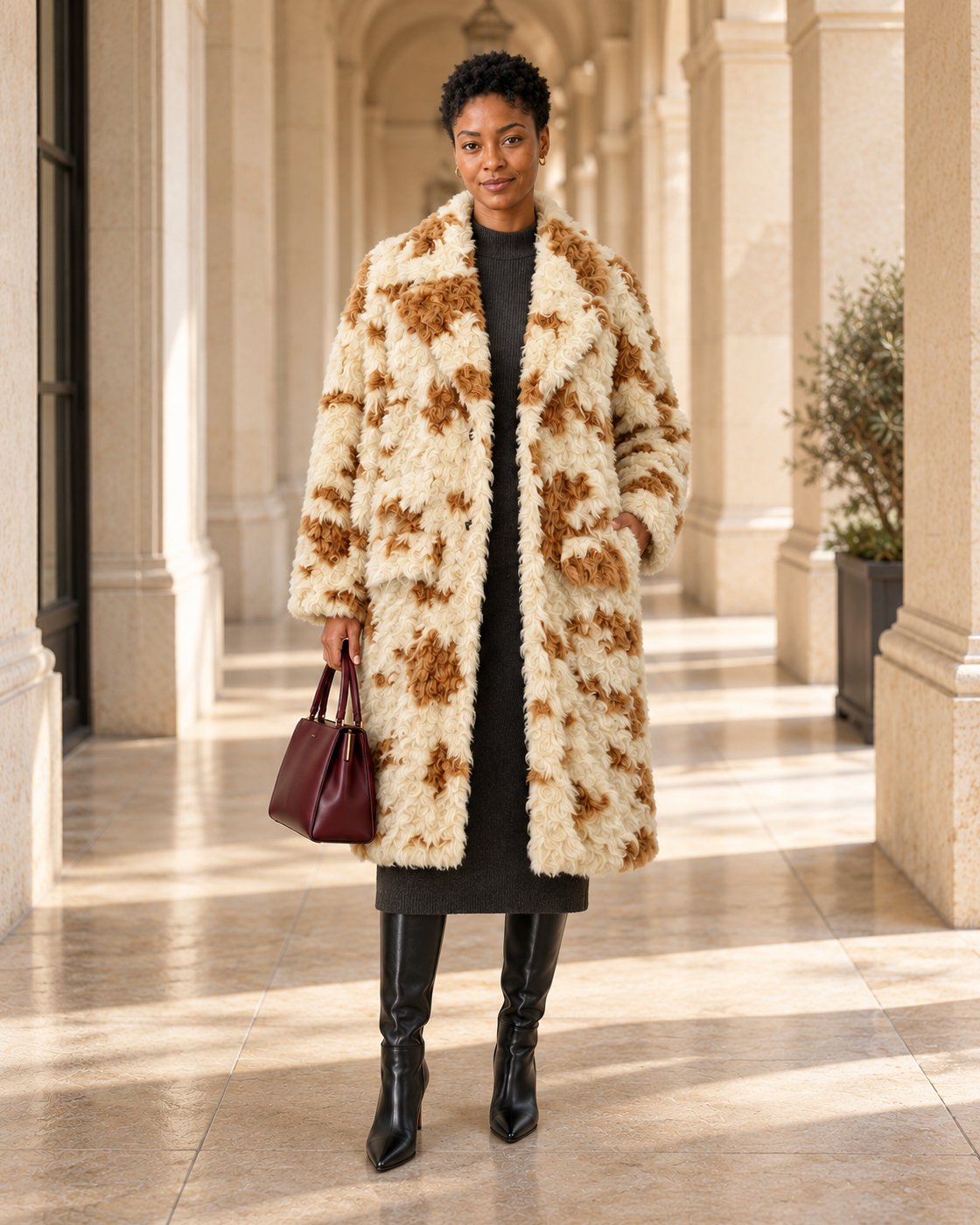 Cavelle Curly Coat in cream and caramel — approved Model 8 front view