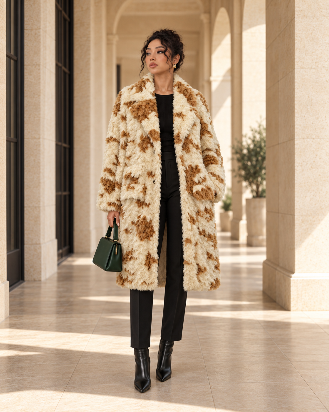 Cavelle Curly Coat in cream and caramel — approved Model 9 front view