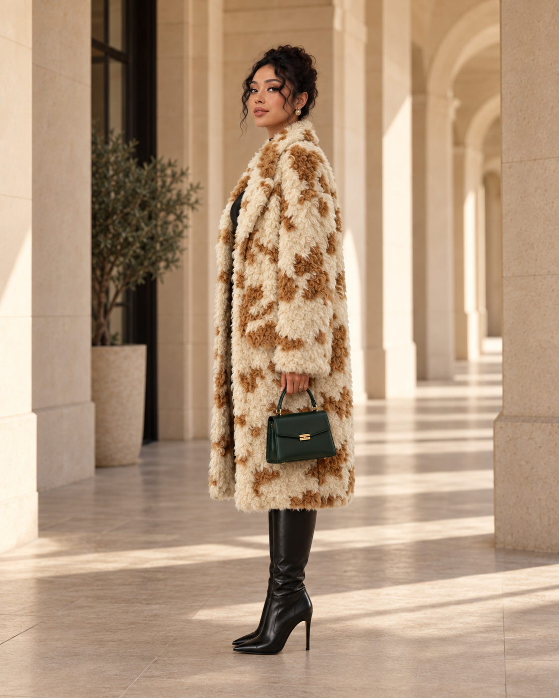 Cavelle Curly Coat in cream and caramel — approved Model 9 side view