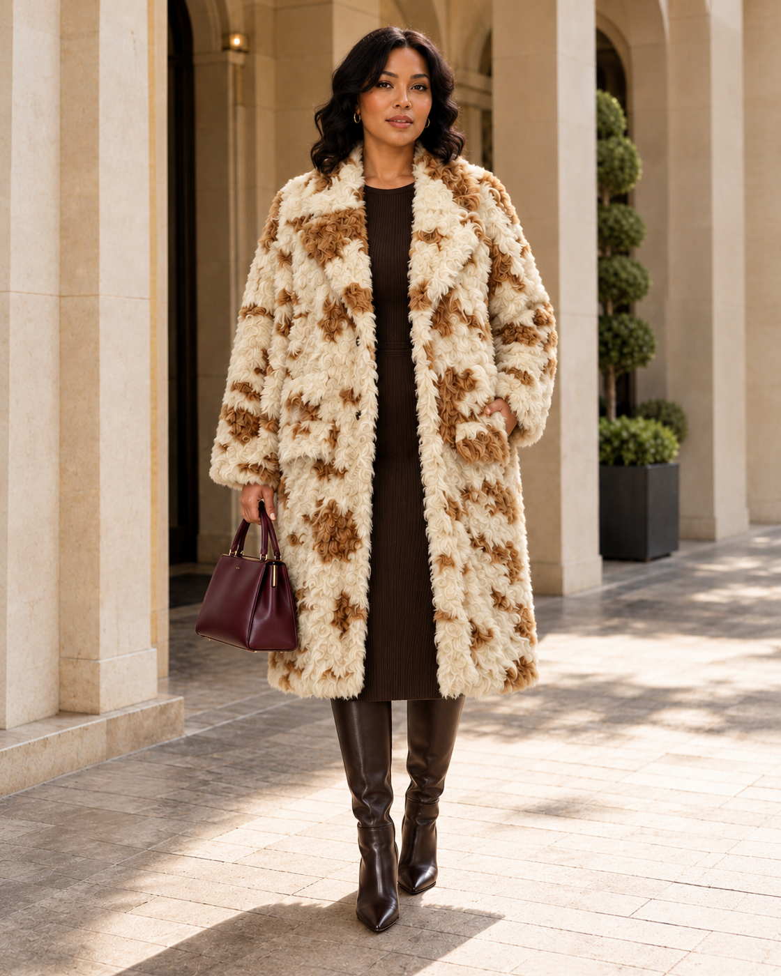 Cavelle Curly Coat in cream and caramel — approved Model 10 front view