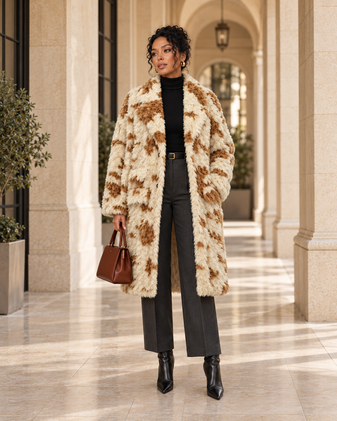 Cavelle Curly Coat in cream and caramel — approved Model 11 front view
