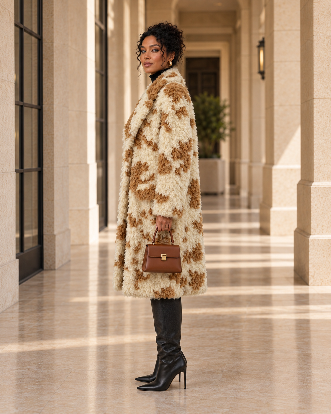Cavelle Curly Coat in cream and caramel — approved Model 11 side view