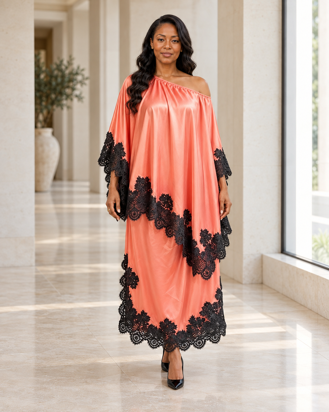 Celandra Lace Cape Dress — Coral Pink — front view