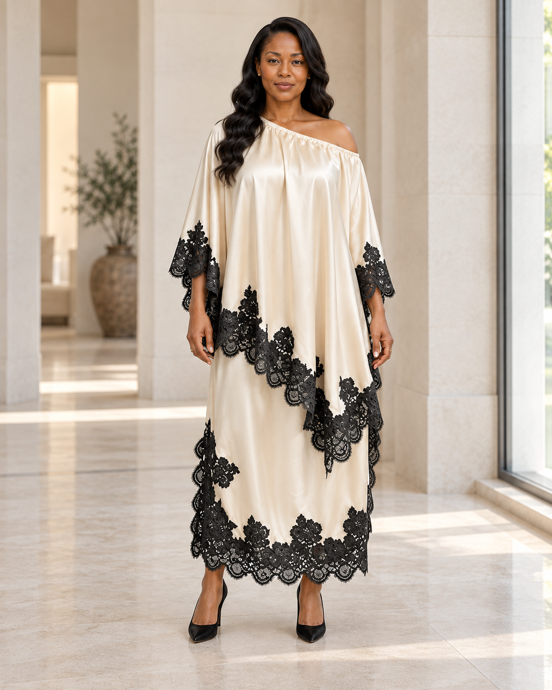 Celandra Lace Cape Dress — Ivory — front view