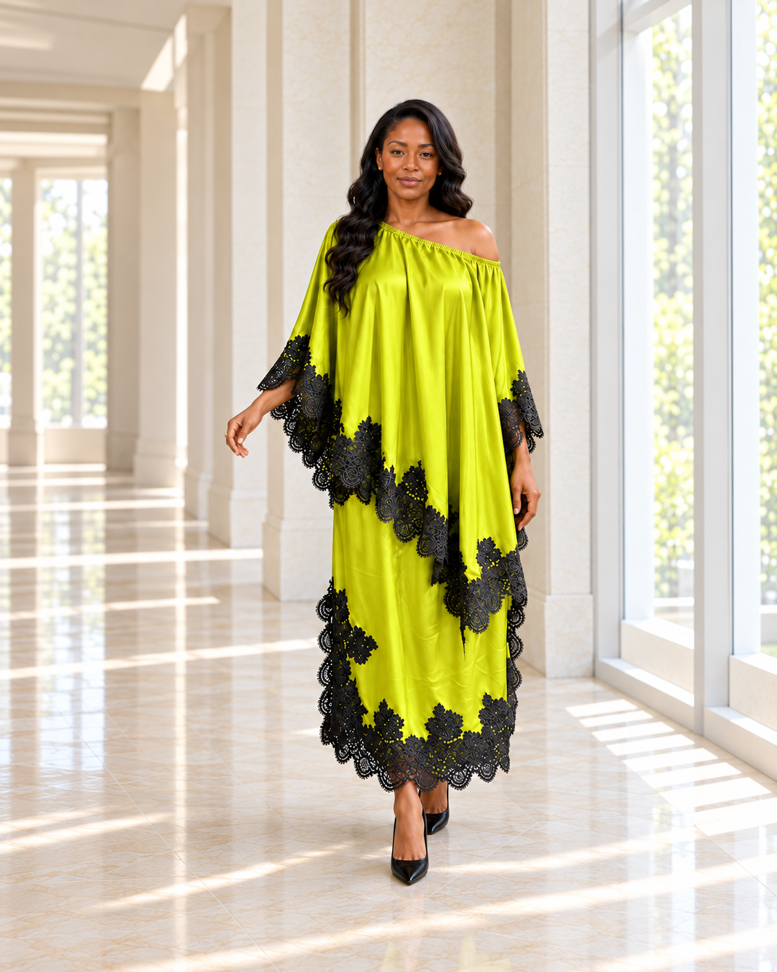 Celandra Lace Cape Dress — Lime — front view