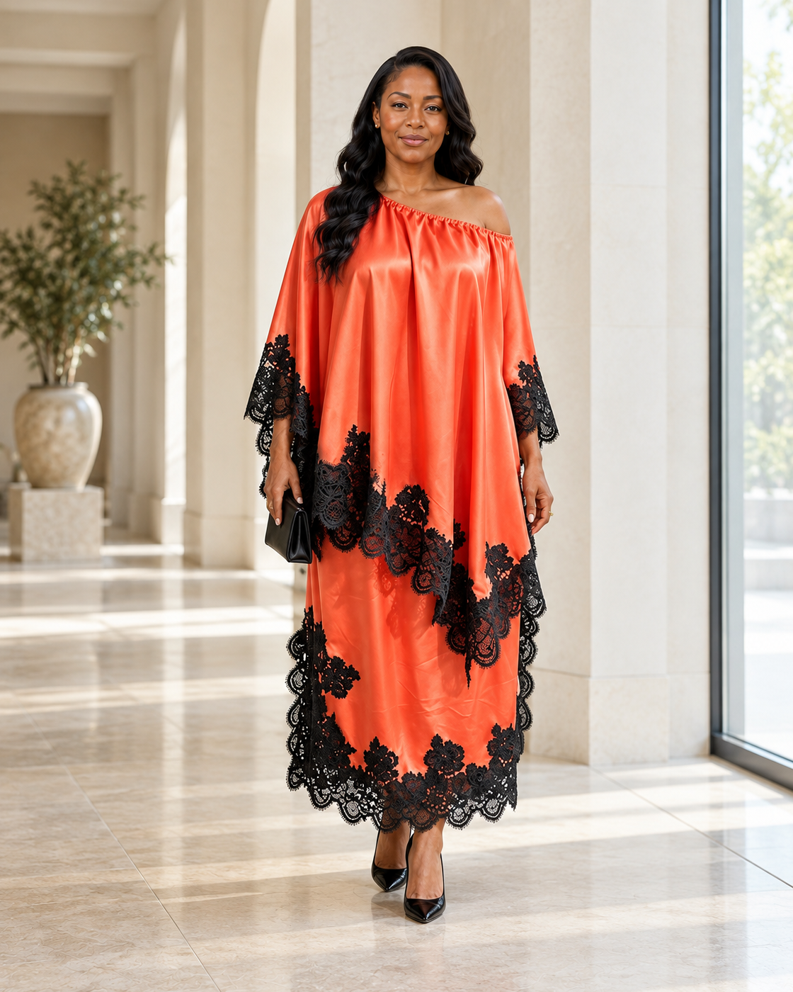 Celandra Lace Cape Dress — Orange Red — front view