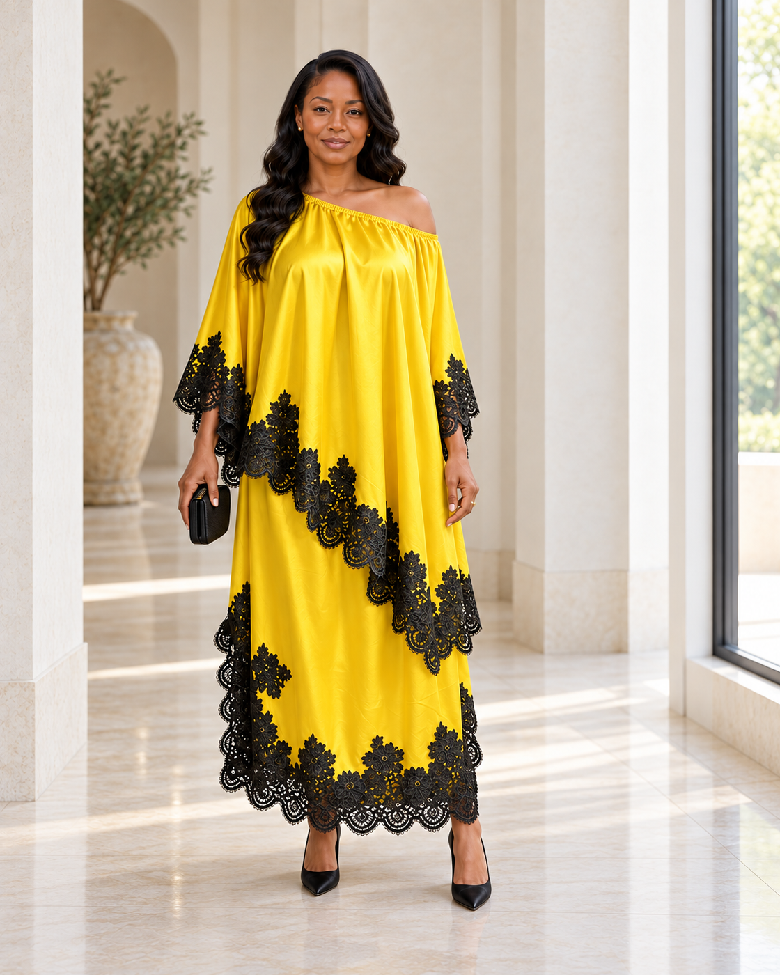 Celandra Lace Cape Dress — Sunflower Yellow — front view