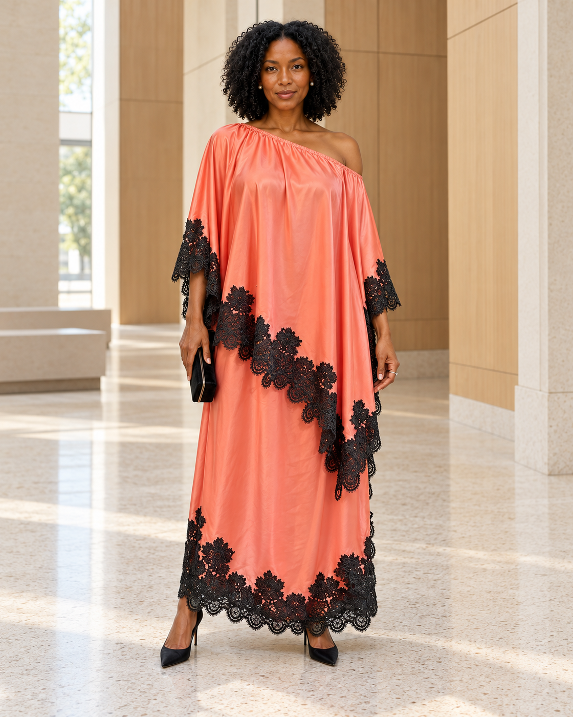Celandra Lace Cape Dress — Coral Pink — Model 2 — front view