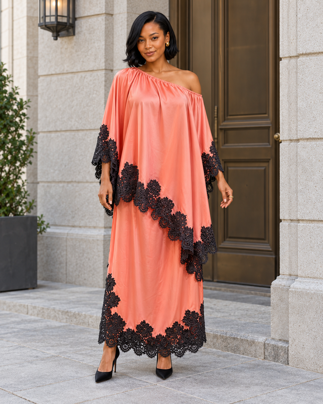 Celandra Lace Cape Dress — Coral Pink — Model 3 — front view