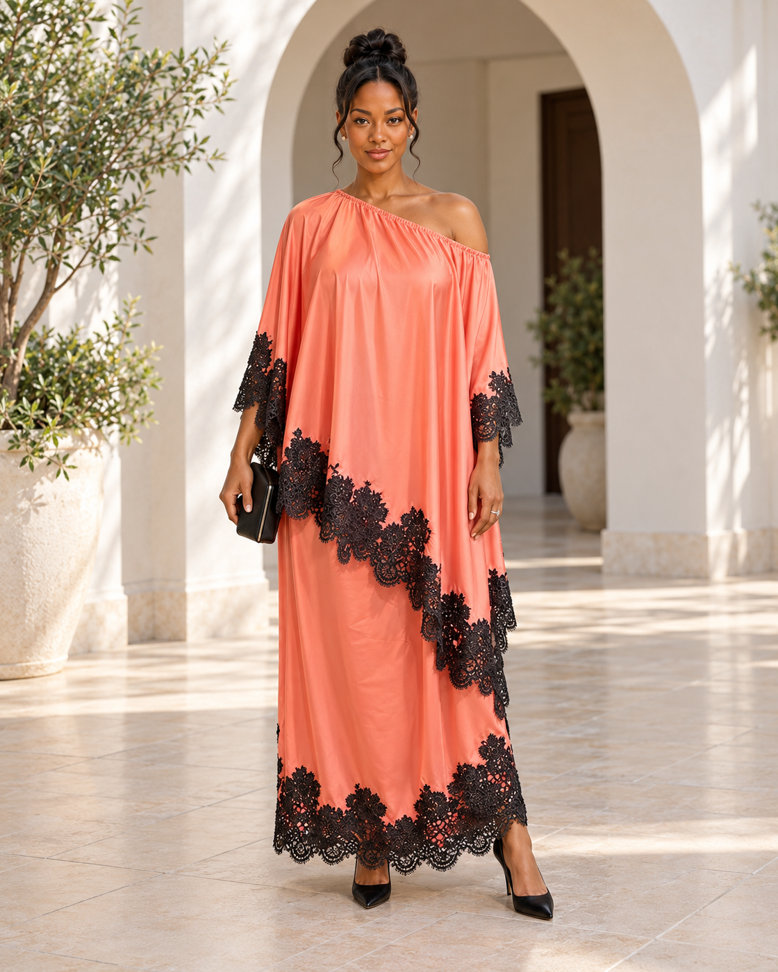 Celandra Lace Cape Dress — Coral Pink — Model 4 — front view