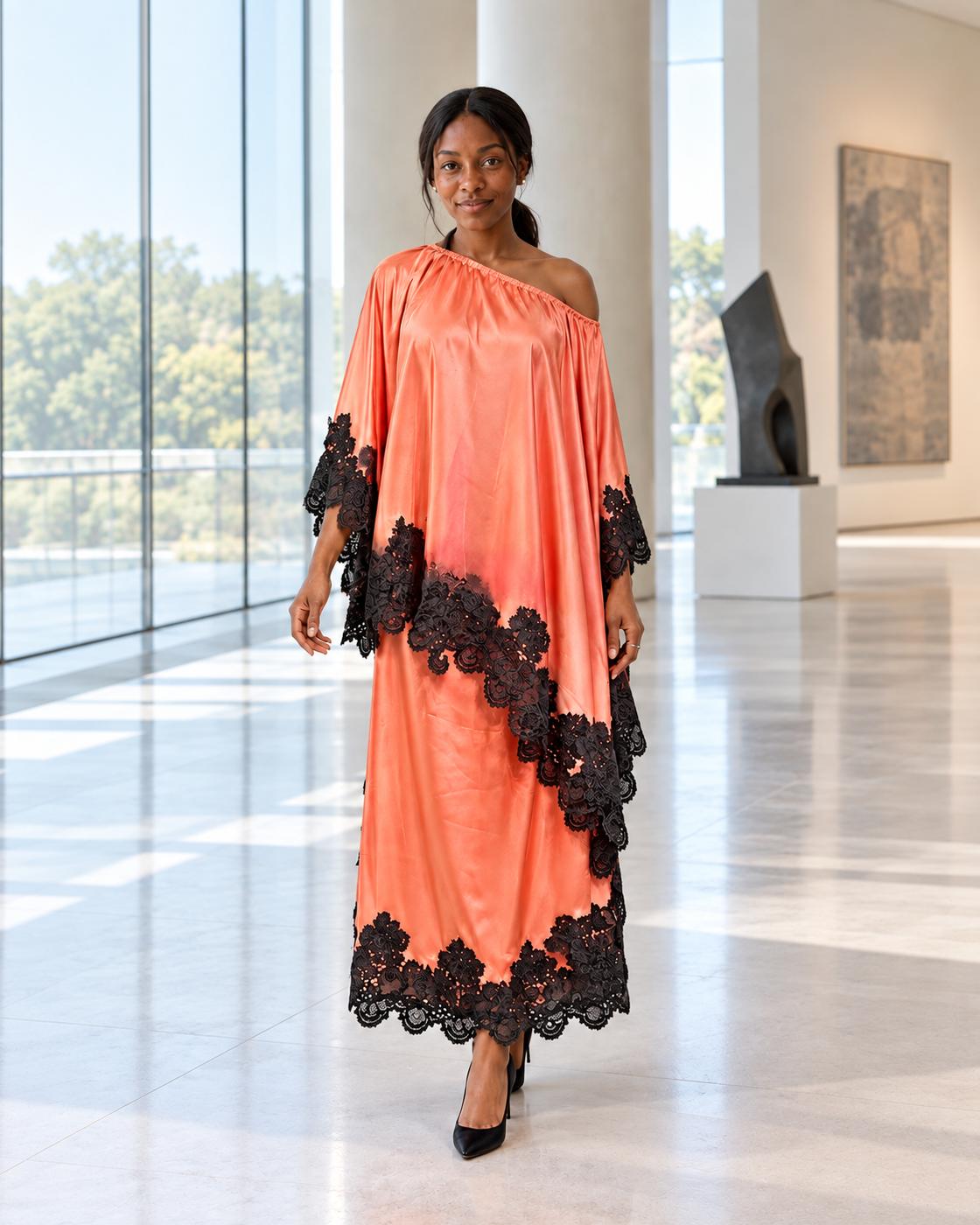 Celandra Lace Cape Dress — Coral Pink — Model 6 — front view
