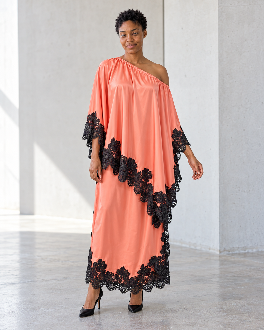 Celandra Lace Cape Dress — Coral Pink — Model 8 — front view