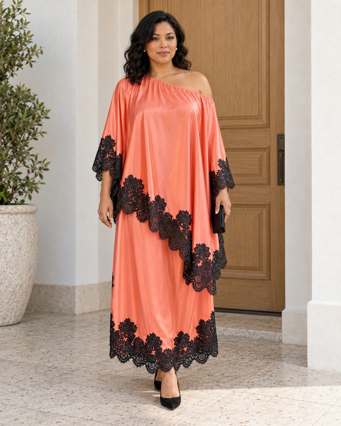 Celandra Lace Cape Dress — Coral Pink — Model 10 — front view