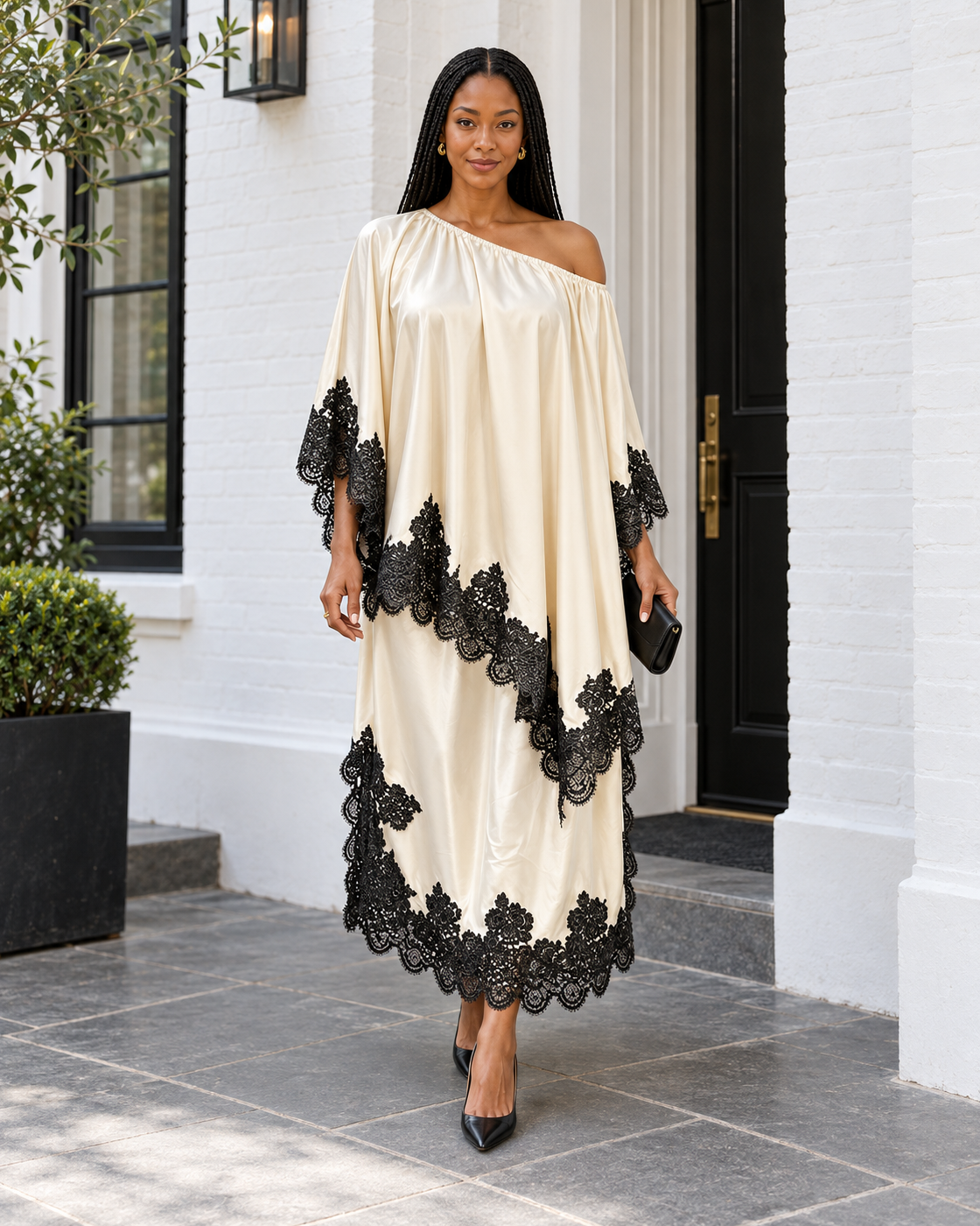 Celandra Lace Cape Dress — Ivory — Model 1 — front view