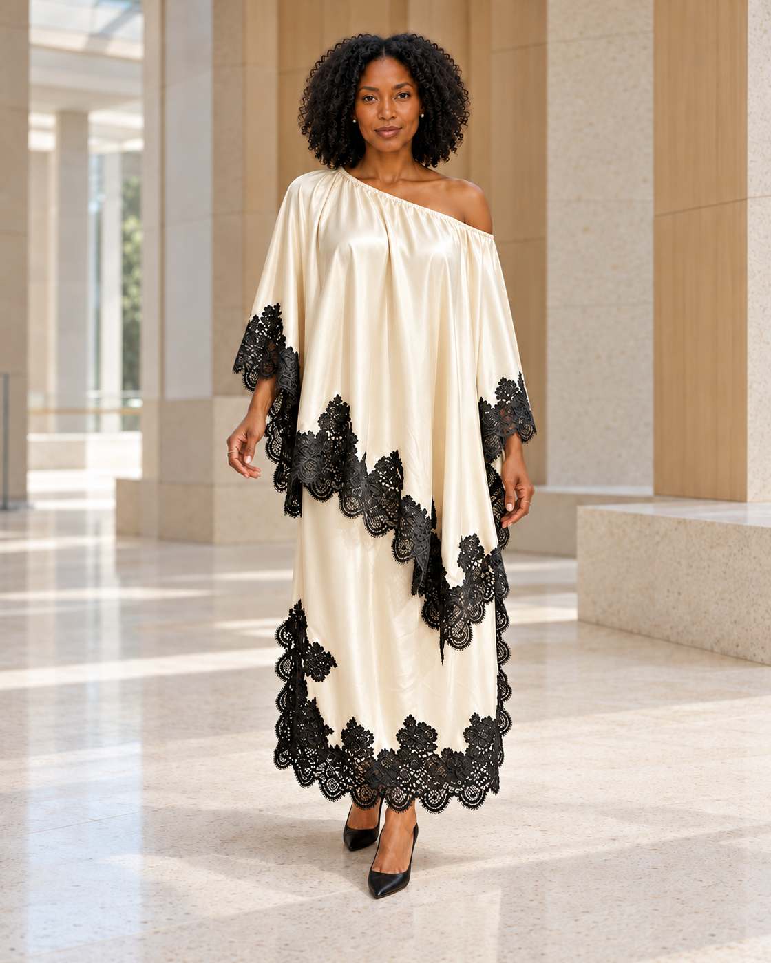 Celandra Lace Cape Dress — Ivory — Model 2 — front view